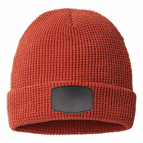 Waffle Knit Beanie with Custom Leather Curved Rectangle Patch My Custom Designs