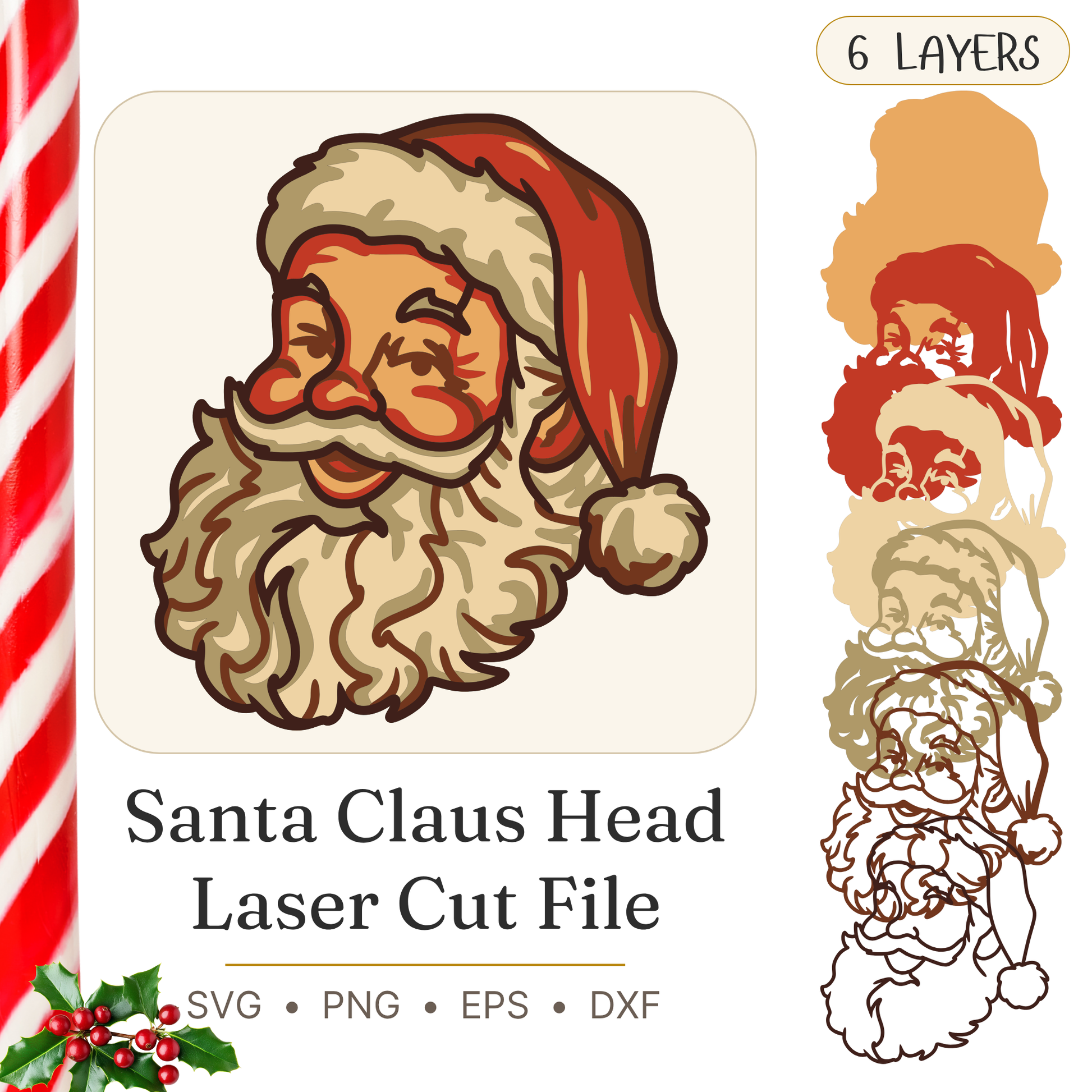 Santa Claus Head - Christmas - Layered Line Design - Digital file - ZIP File - Digital