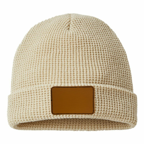 Waffle Knit Beanie with Custom Leather Rectangle Patch