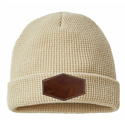 Waffle Knit Beanie with Custom Leather Hexagon Patch