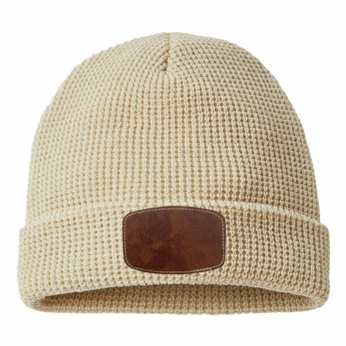 Waffle Knit Beanie with Custom Leather Curved Rectangle Patch