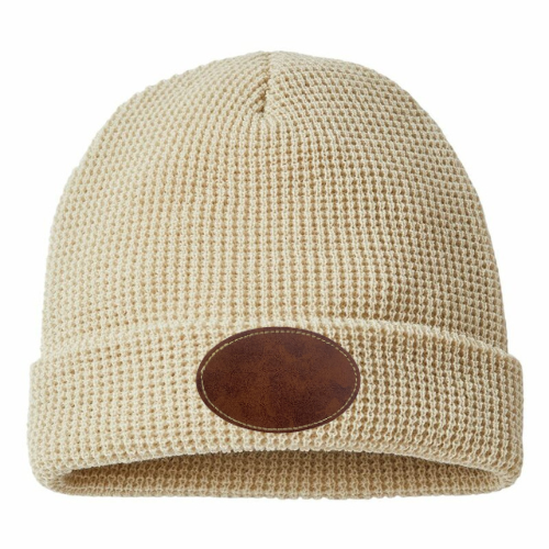 Waffle Knit Beanie with Custom Leather Oval Patch