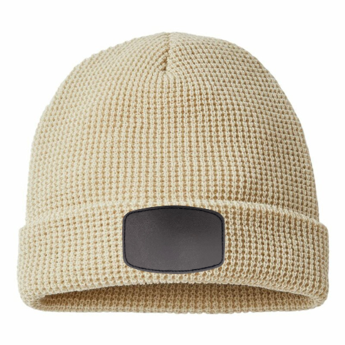 Waffle Knit Beanie with Custom Leather Curved Rectangle Patch