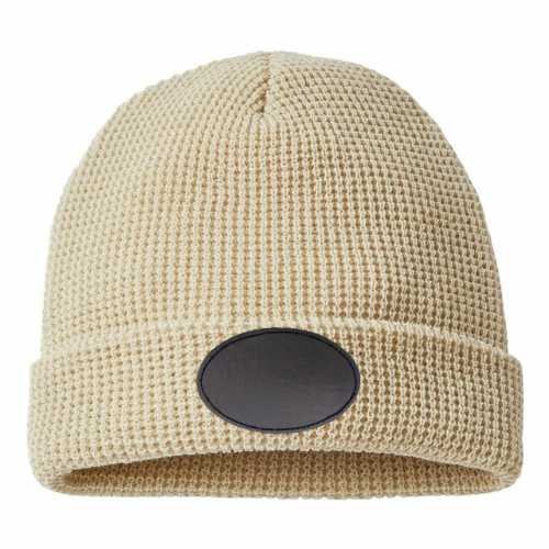 Waffle Knit Beanie with Custom Leather Oval Patch