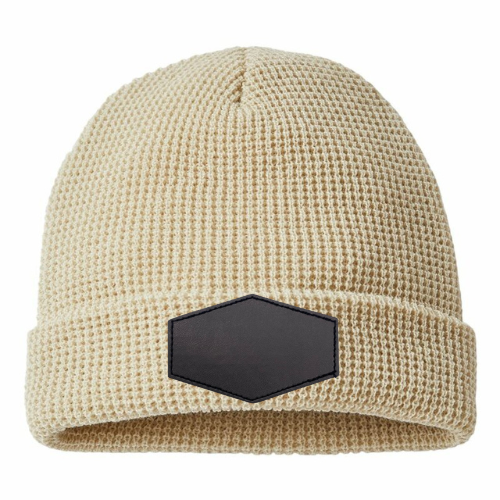 Waffle Knit Beanie with Custom Leather Hexagon Patch