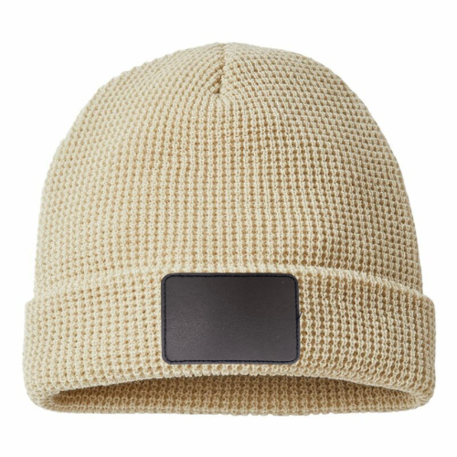 Waffle Knit Beanie with Custom Leather Rectangle Patch