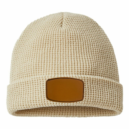 Waffle Knit Beanie with Custom Leather Curved Rectangle Patch