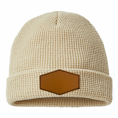 Waffle Knit Beanie with Custom Leather Hexagon Patch