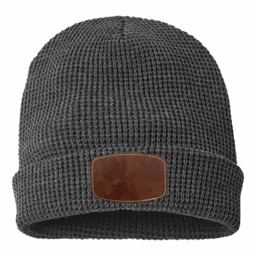 Waffle Knit Beanie with Custom Leather Curved Rectangle Patch My Custom Designs