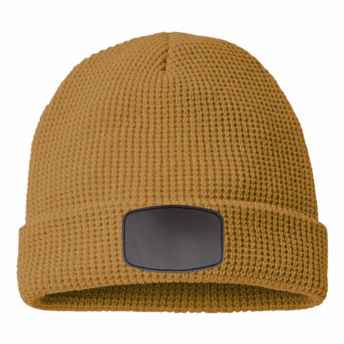 Waffle Knit Beanie with Custom Leather Curved Rectangle Patch My Custom Designs