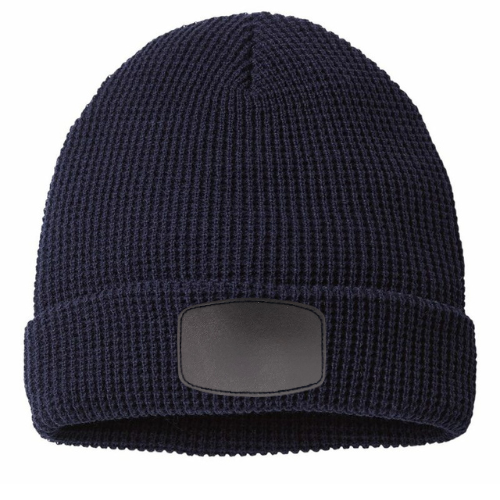 Waffle Knit Beanie with Custom Leather Curved Rectangle Patch My Custom Designs