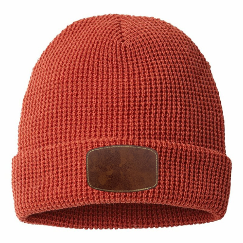 Waffle Knit Beanie with Custom Leather Curved Rectangle Patch My Custom Designs