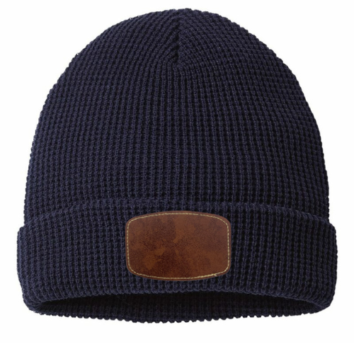 Waffle Knit Beanie with Custom Leather Curved Rectangle Patch My Custom Designs