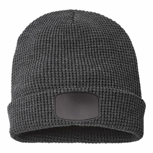 Waffle Knit Beanie with Custom Leather Curved Rectangle Patch My Custom Designs
