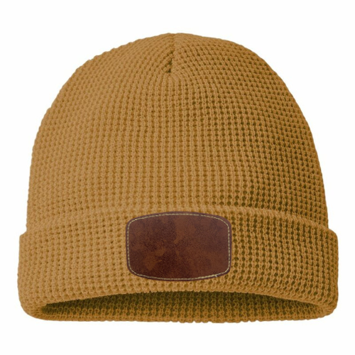 Waffle Knit Beanie with Custom Leather Curved Rectangle Patch My Custom Designs