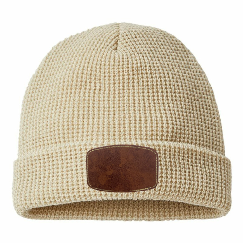 Waffle Knit Beanie with Custom Leather Curved Rectangle Patch My Custom Designs