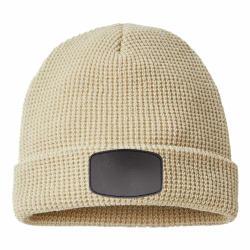 Waffle Knit Beanie with Custom Leather Curved Rectangle Patch My Custom Designs
