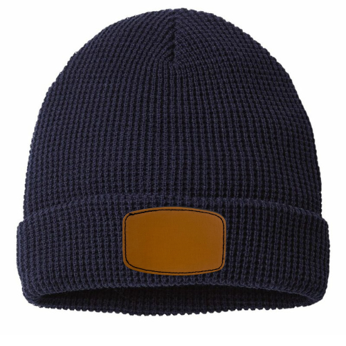 Waffle Knit Beanie with Custom Leather Curved Rectangle Patch My Custom Designs Navy