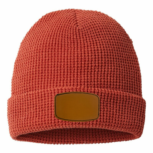 Waffle Knit Beanie with Custom Leather Curved Rectangle Patch My Custom Designs Rust