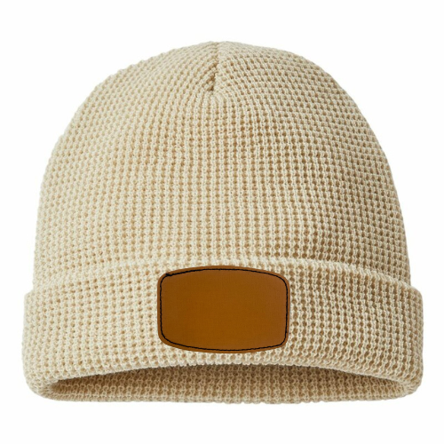 Waffle Knit Beanie with Custom Leather Curved Rectangle Patch My Custom Designs Vanilla