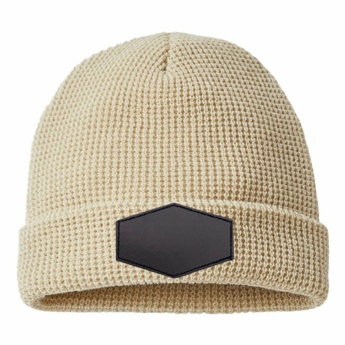Waffle Knit Beanie with Custom Leather Hexagon Patch My Custom Designs
