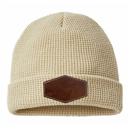 Waffle Knit Beanie with Custom Leather Hexagon Patch My Custom Designs