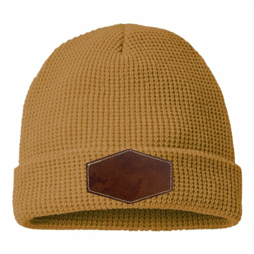 Waffle Knit Beanie with Custom Leather Hexagon Patch My Custom Designs