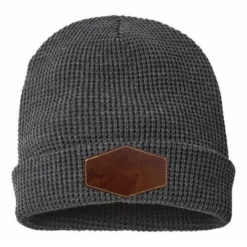 Waffle Knit Beanie with Custom Leather Hexagon Patch My Custom Designs