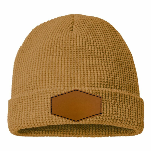Waffle Knit Beanie with Custom Leather Hexagon Patch My Custom Designs Honey