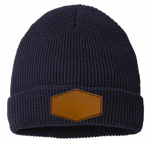 Waffle Knit Beanie with Custom Leather Hexagon Patch My Custom Designs Navy