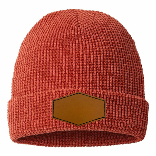 Waffle Knit Beanie with Custom Leather Hexagon Patch My Custom Designs Rust