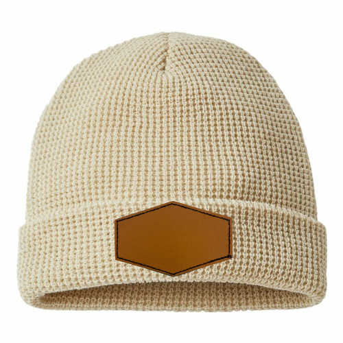 Waffle Knit Beanie with Custom Leather Hexagon Patch My Custom Designs Vanilla