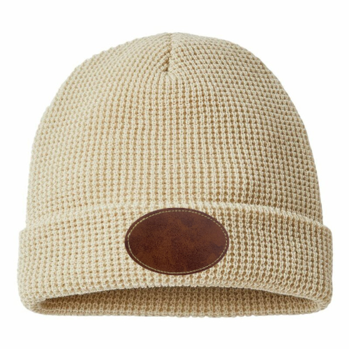 Waffle Knit Beanie with Custom Leather Oval Patch My Custom Designs