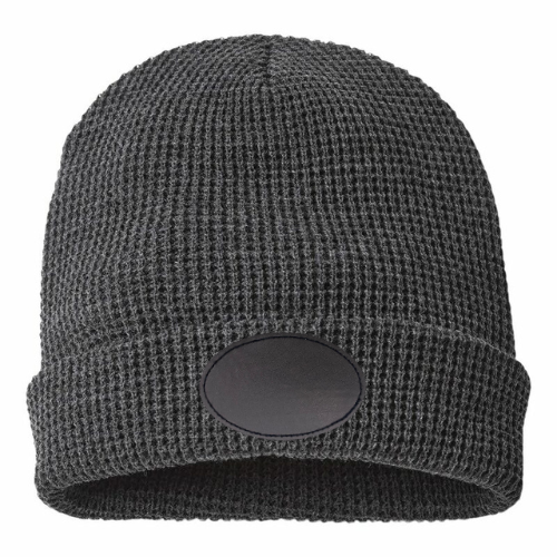 Waffle Knit Beanie with Custom Leather Oval Patch My Custom Designs