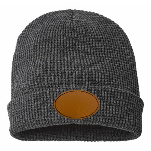 Waffle Knit Beanie with Custom Leather Oval Patch My Custom Designs Gunpowder