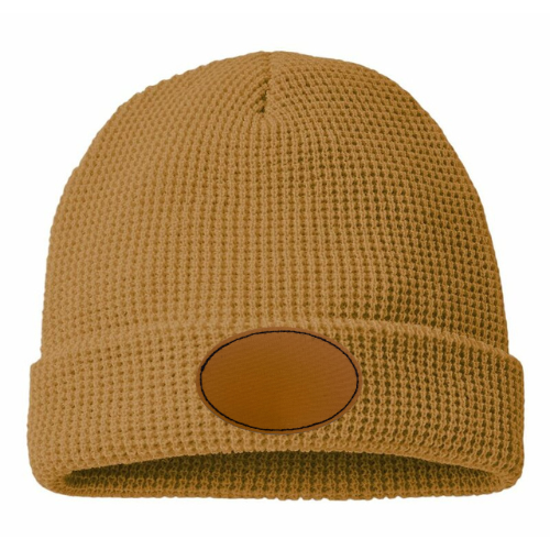 Waffle Knit Beanie with Custom Leather Oval Patch My Custom Designs Honey