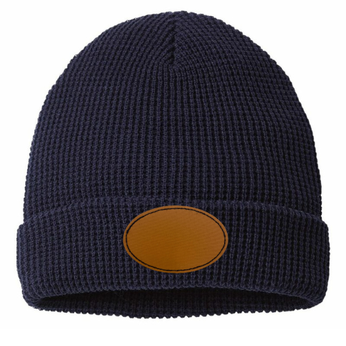 Waffle Knit Beanie with Custom Leather Oval Patch My Custom Designs Navy