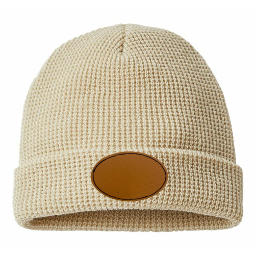 Waffle Knit Beanie with Custom Leather Oval Patch My Custom Designs Vanilla