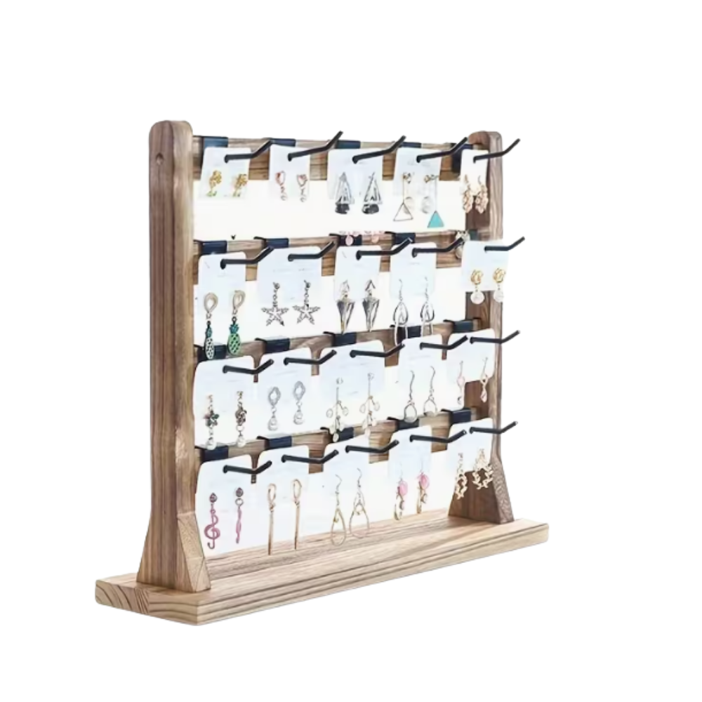 Wooden Jewelry Display Rack Featuring Detachable Metal Hooks - Seller Supplies My Custom Designs 4 Tier Light