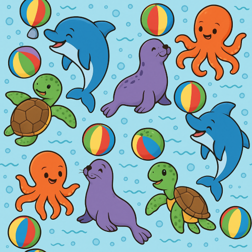 Kids and Playful - Cartoon Sea Animals Playing With Beach Balls - Pattern - Digital File Digital My Custom Designs PDF