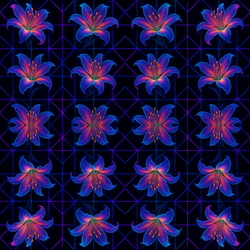 Floral Geometric Fusion - Fractal Lilies on Black-Light Geometric Panels Pattern - Digital File Digital My Custom Designs PDF