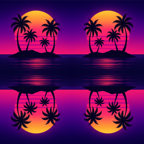 Nature and Landscape - Tropical Island Silhouettes With Neon Sunsets - Pattern - Digital File